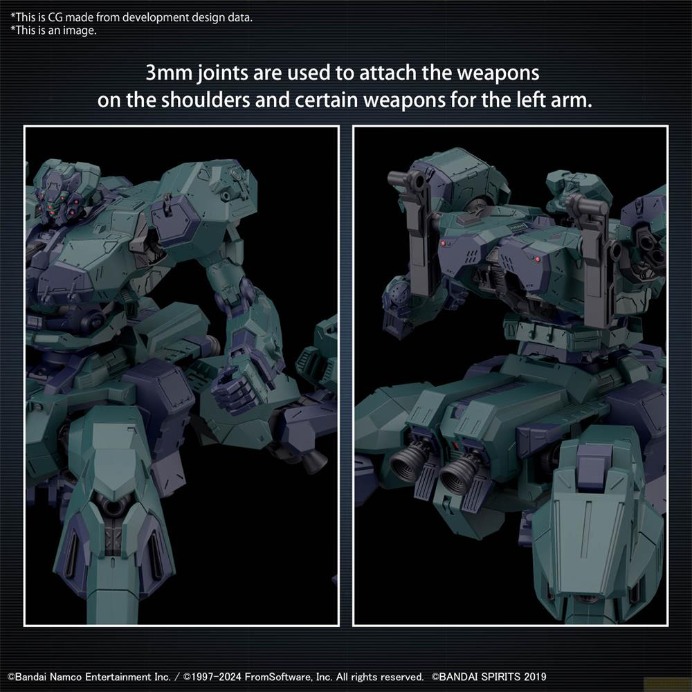 Zwei Ansichten eines grünen und dunkelblauen Roboters mit Gelenken an Schultern und Armen.