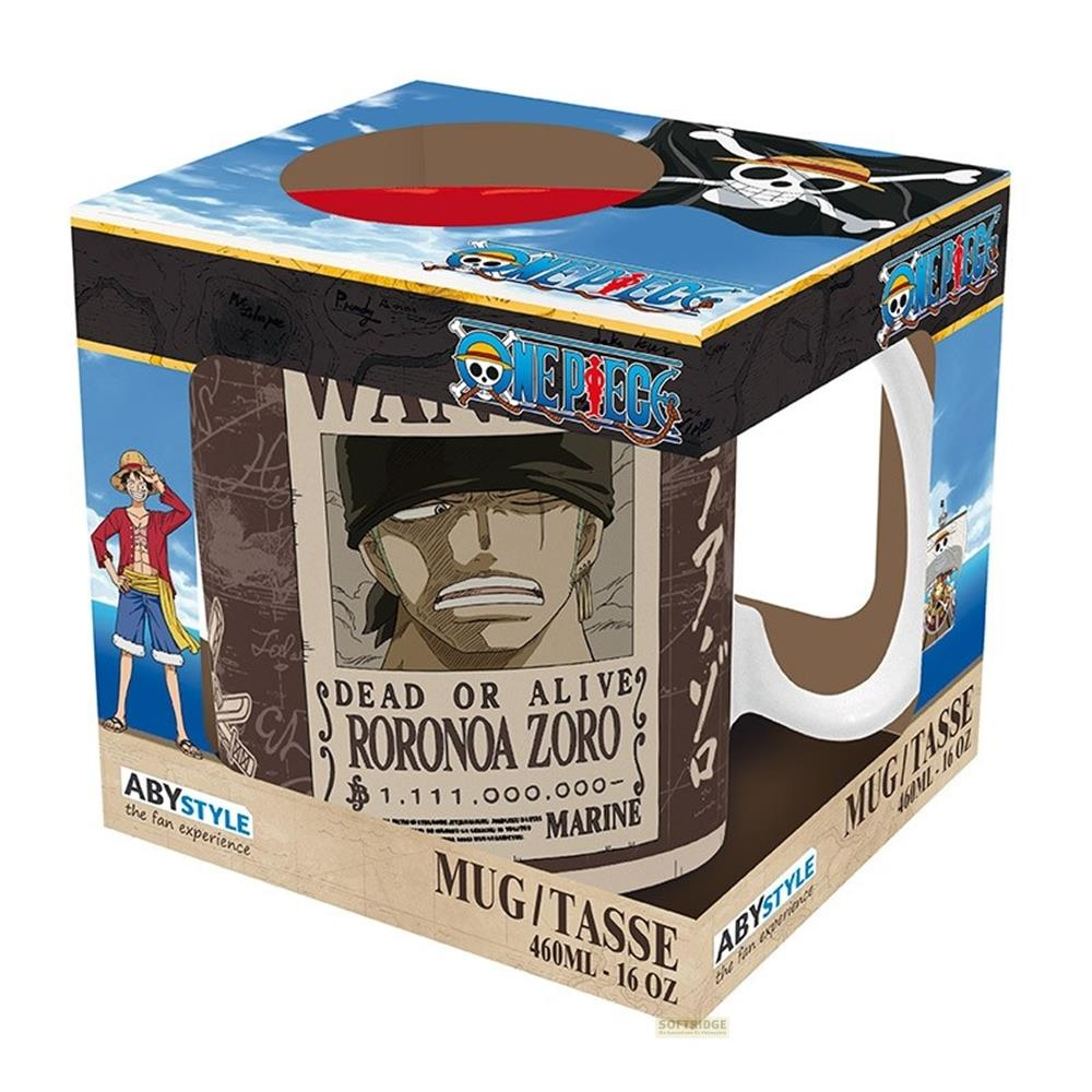 Verpackung einer Tasse mit Roronoa Zoro's "Tot oder Lebendig"-Steckbrief und Luffy.