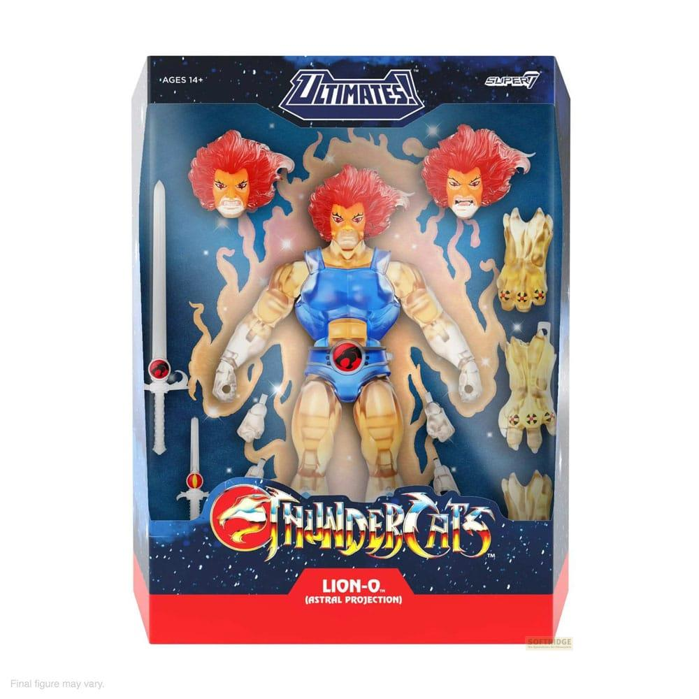 Action figure di Lion-O in scatola con accessori, logo Thundercats.