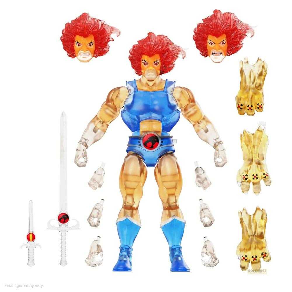 Action figure di Lion-O con accessori: teste, mani, pugnali e artigli alternativi.