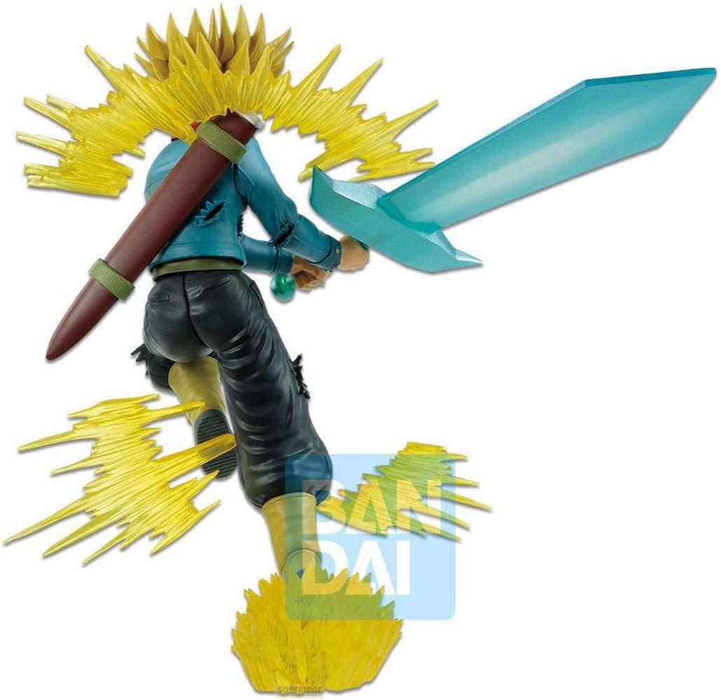 Figurine d'anime en pose d'action avec des effets d'énergie jaunes, tenant une épée bleue.