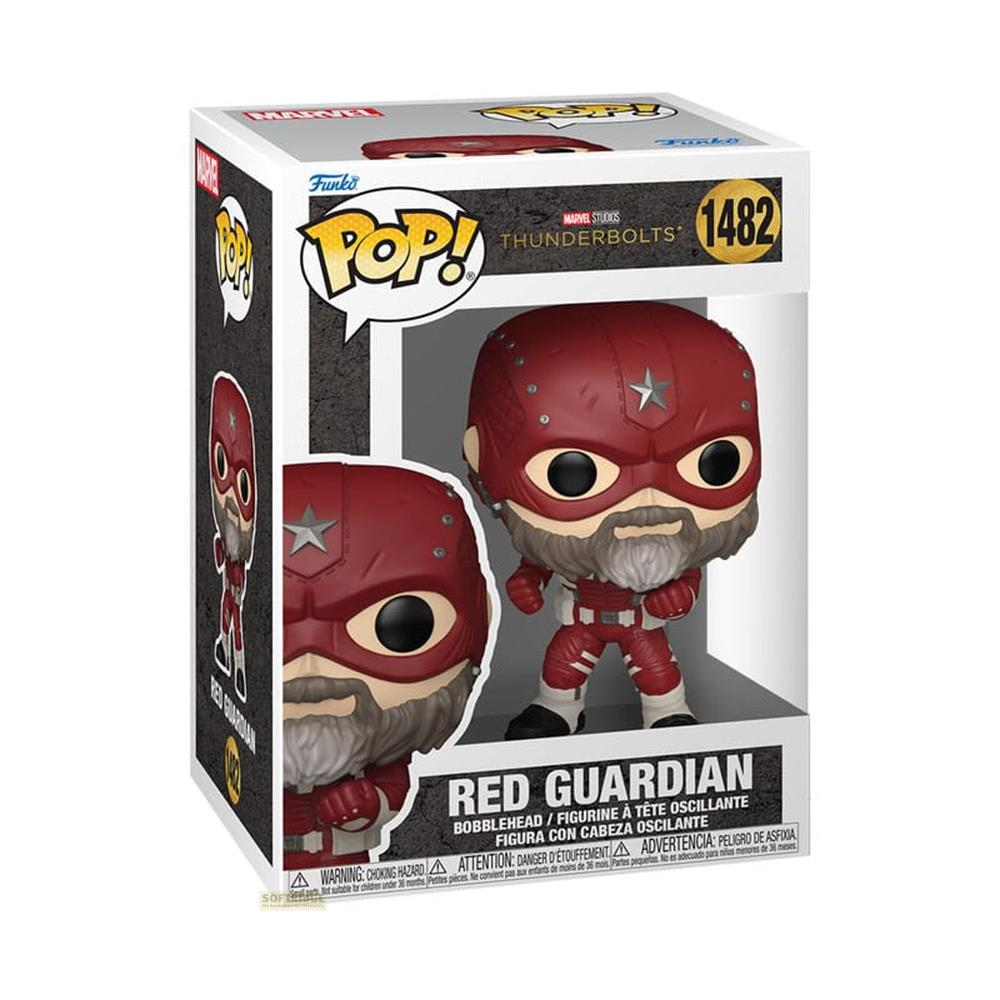 Figura Funko Pop! Red Guardian en su caja. Traje rojo, barba gris.