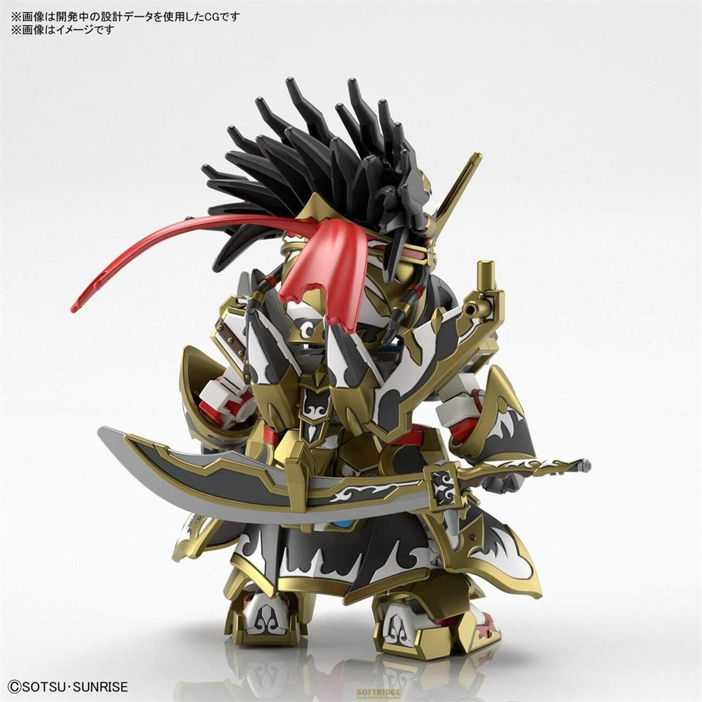 Figurine guerrière en armure or, noir et blanc avec écharpe rouge et épée.