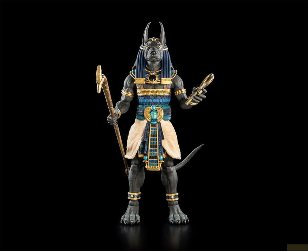 Figura di Anubi con testa di cane, che tiene scettro e ankh dorati.