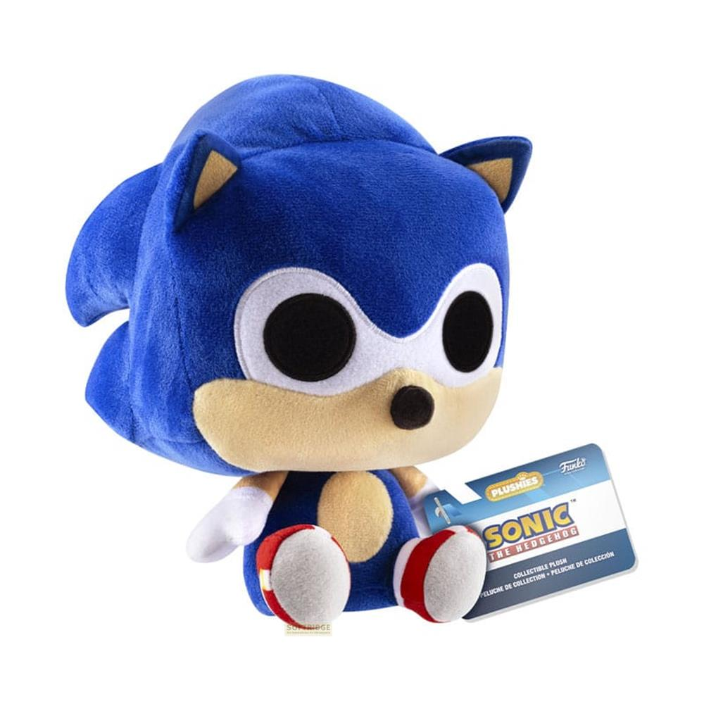 Un peluche azul de Sonic the Hedgehog con orejas amarillas y barriga blanca.