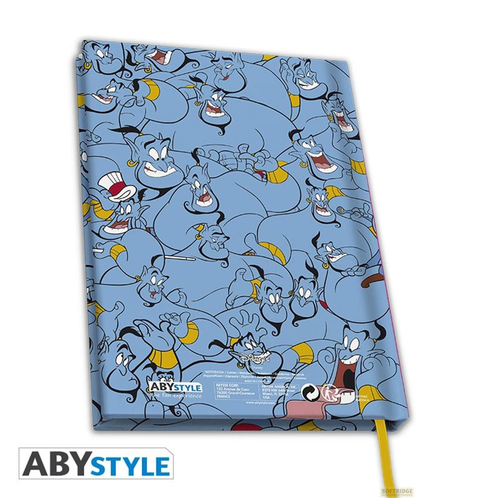 Un carnet bleu orné de nombreux personnages du Génie d'Aladdin.