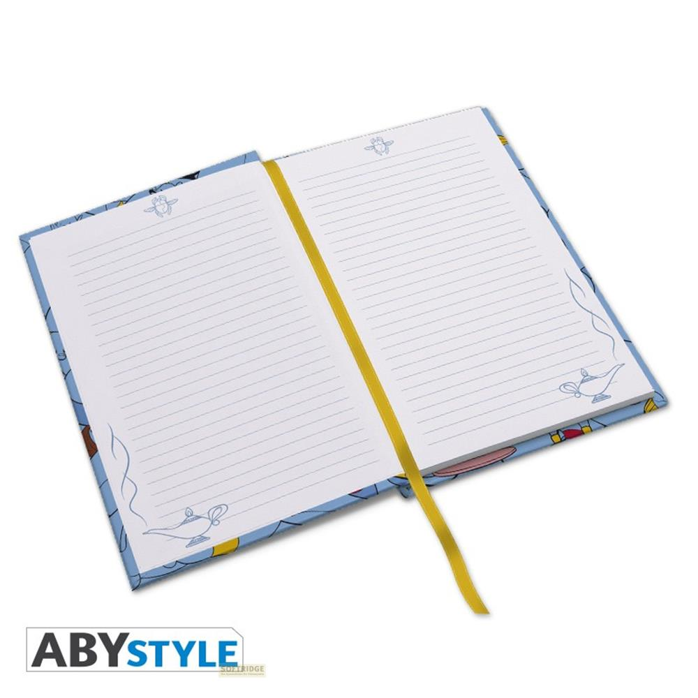 Un carnet ouvert avec des lignes et des motifs d'Aladdin.