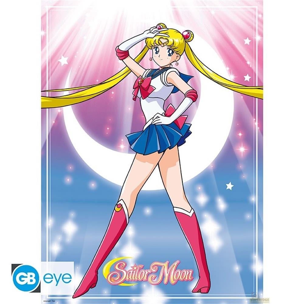 Sailor Moon está ante una luna, viste top blanco, falda azul, guantes blancos y botas rosas.