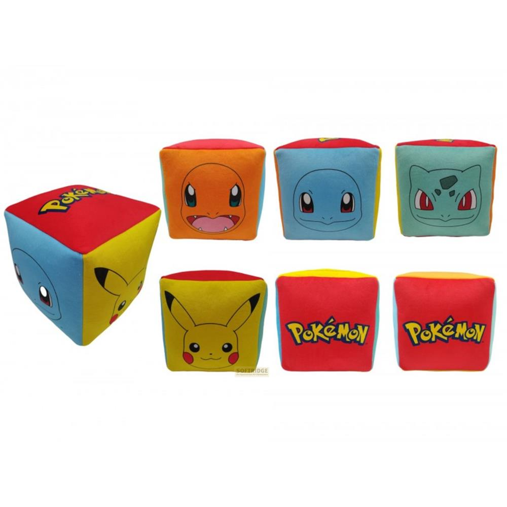 Sieben Plüsch-Pokémon-Würfel: Pikachu, Glumanda, Schiggy, Bisasam und zwei Logos.