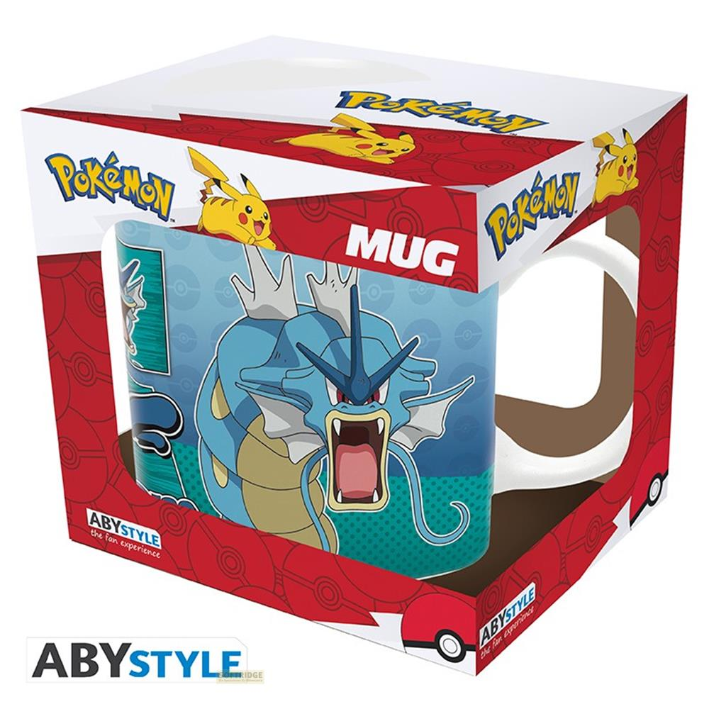 Pokemon Tasse mit Gyarados und Pikachu auf der Box. Tasse hat Gyarados Bild.