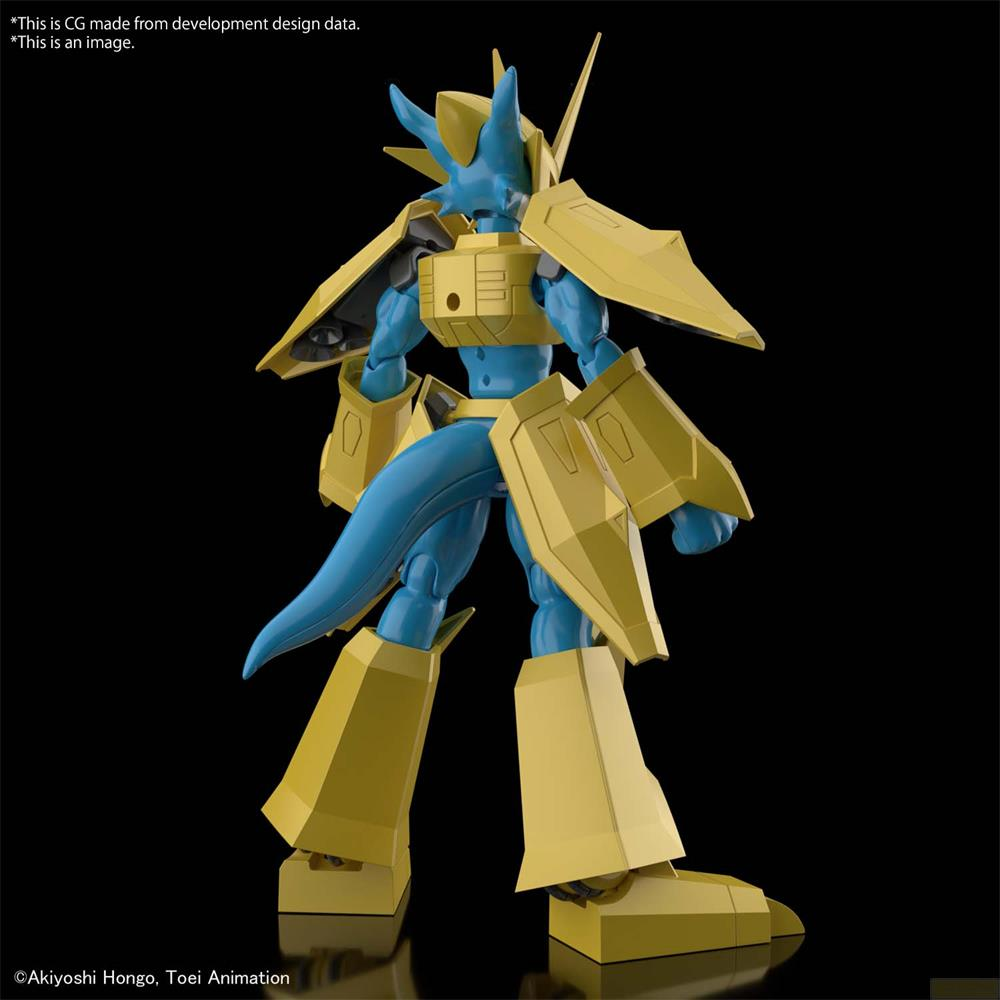 Un personnage Digimon bleu avec armure jaune se dresse sur fond noir.