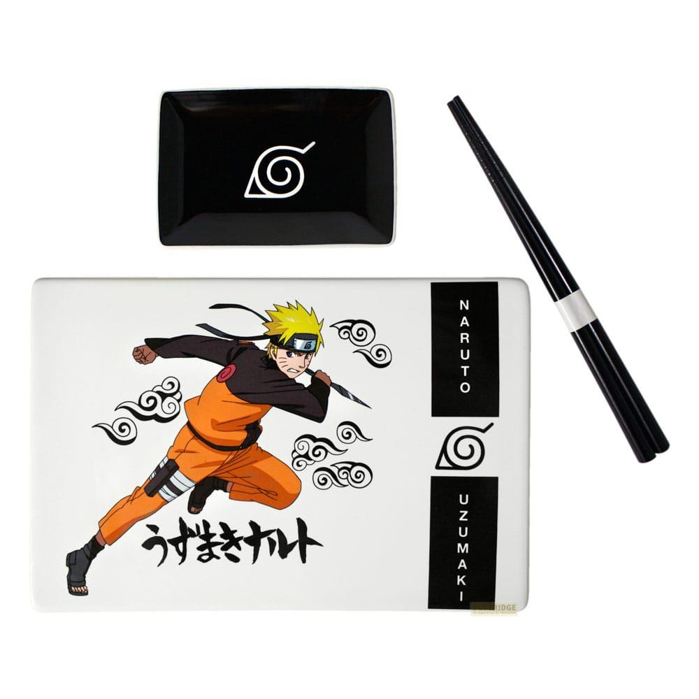 Vajilla temática de Naruto: plato negro, plato blanco con personaje, palillos.