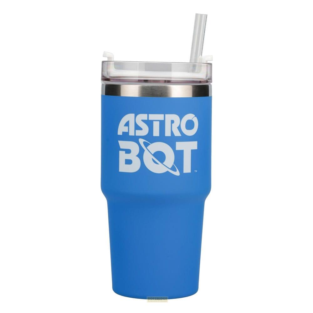 Ein blauer Becher mit Strohhalm und dem Aufdruck "ASTRO BQT".