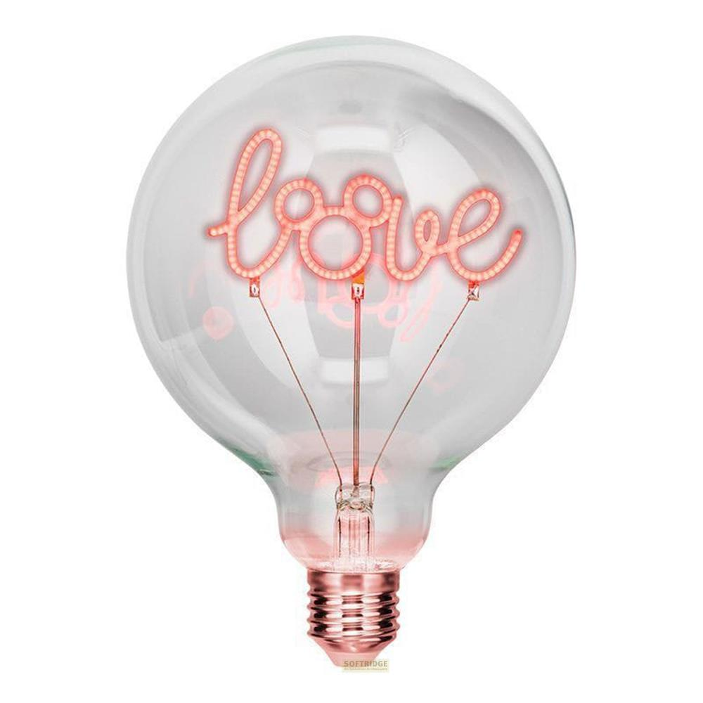 Una lampadina trasparente con la parola "amore" illuminata al neon rosso.