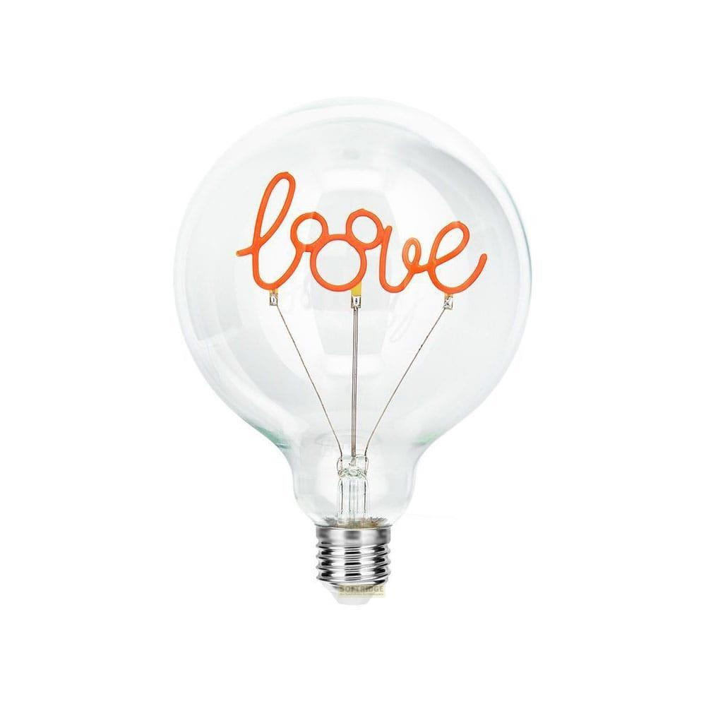 Una lampadina con la parola "amore" in neon arancione.