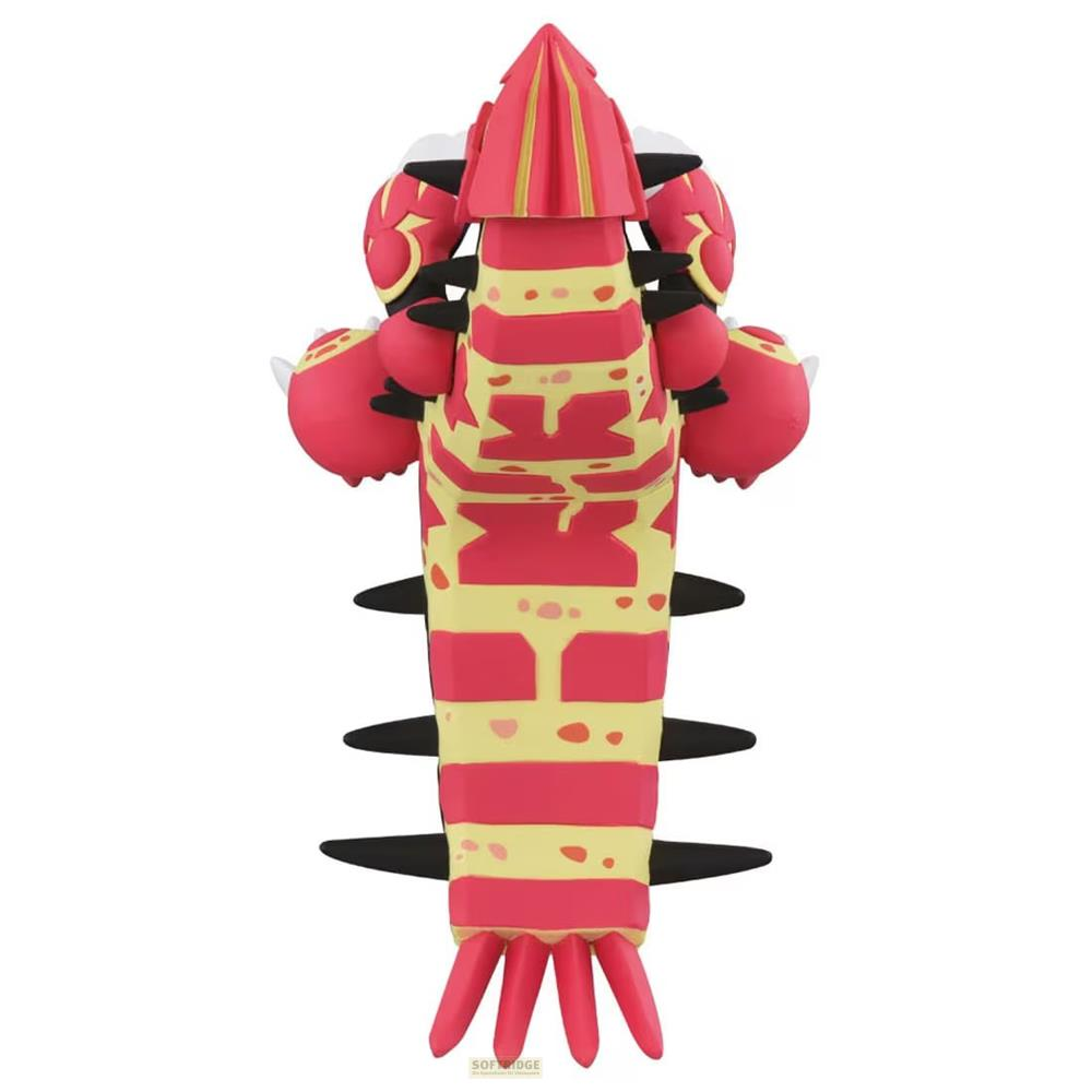 Eine rote und gelbe Groudon-Plüschfigur im Chibi-Stil von oben gesehen auf weißem Hintergrund.