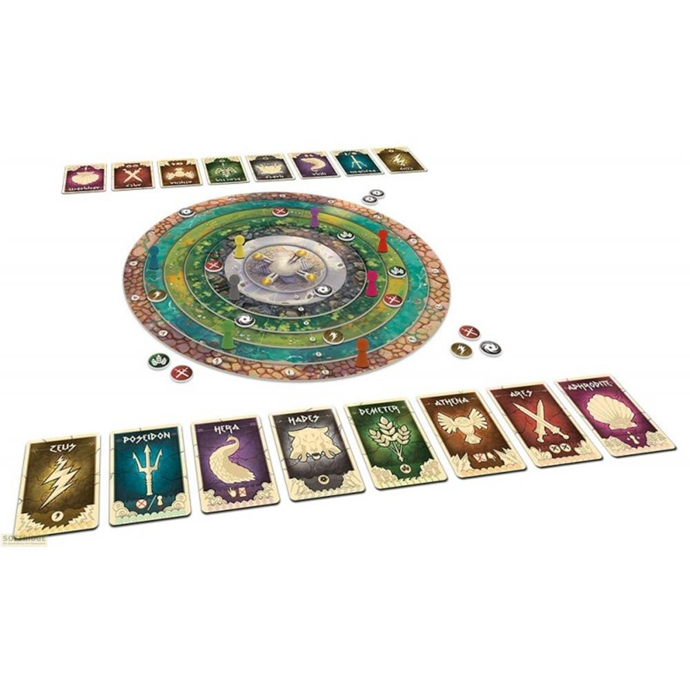 Brettspiel mit Spielbrett, Karten mit Göttern und Spielsteinen.