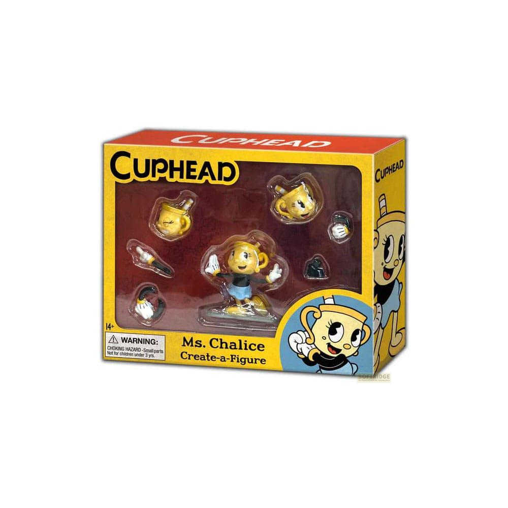 Eine Ms. Chalice-Figur aus Cuphead in einer Box mit Zubehörteilen.