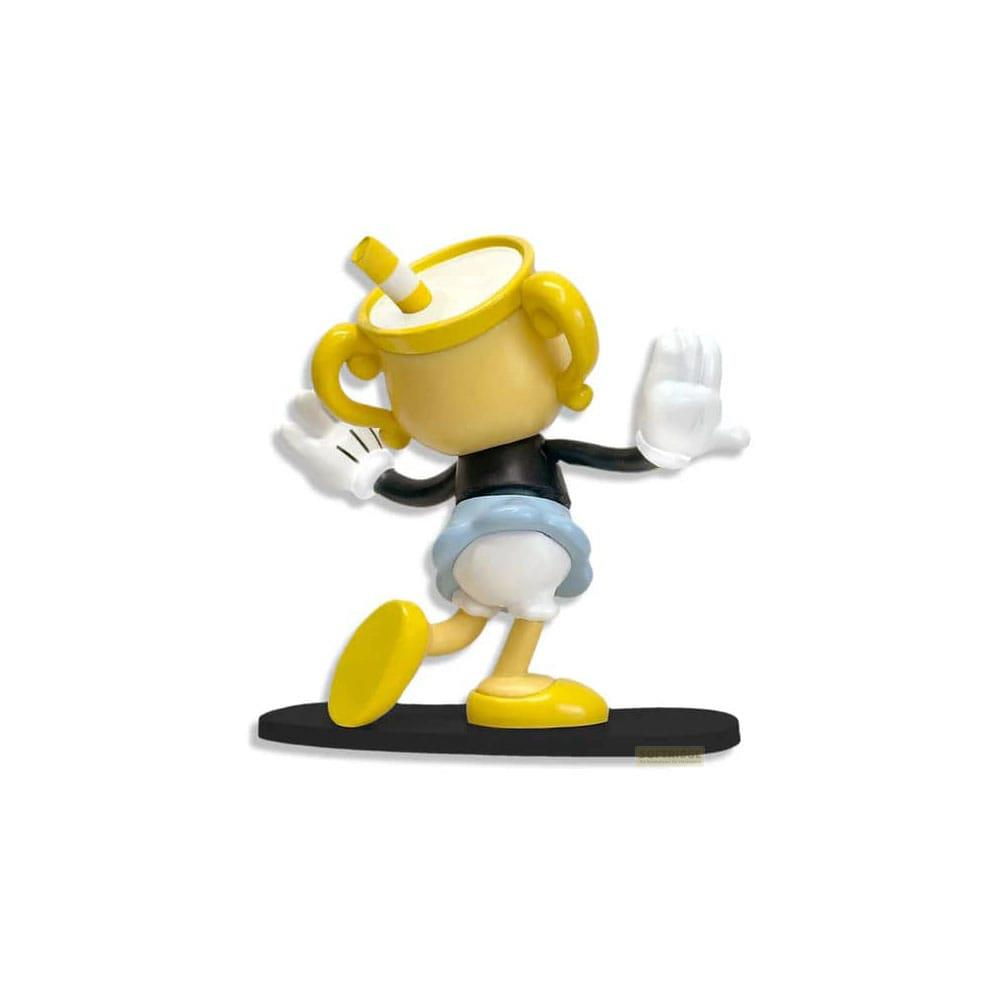 Gelbe Cuphead-Figur mit Strohhalm im Kopf, blaue Hose, steht auf schwarzem Sockel.