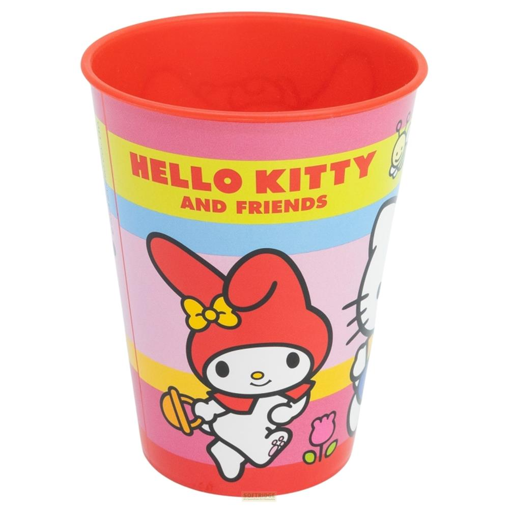 Rote Tasse mit Hello Kitty und Freunden, bunte Streifen.