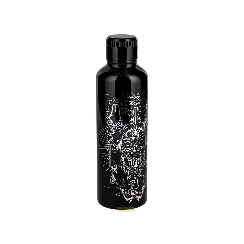 Czarna butelka z motywem czaszki i napisem "DEATH EATER".