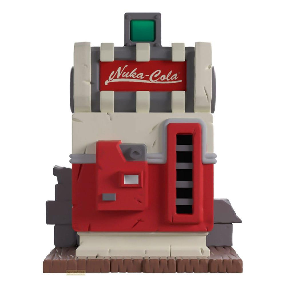 Ein Nuka-Cola-Automat in Rot und Creme mit grauen Akzenten und einem grünen Knopf.