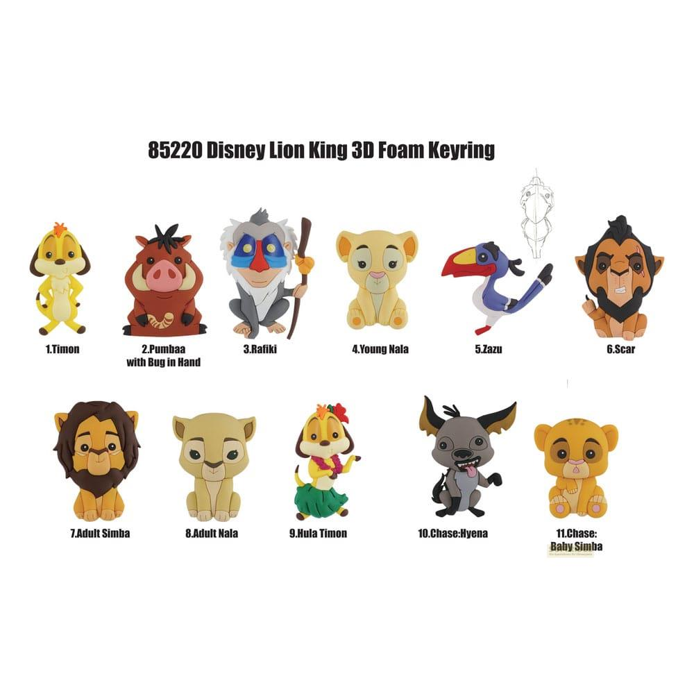 11 llaveros 3D de espuma El Rey León: Timon, Pumba, Rafiki, Nala, Zazú, Scar, Simba, Hiena.