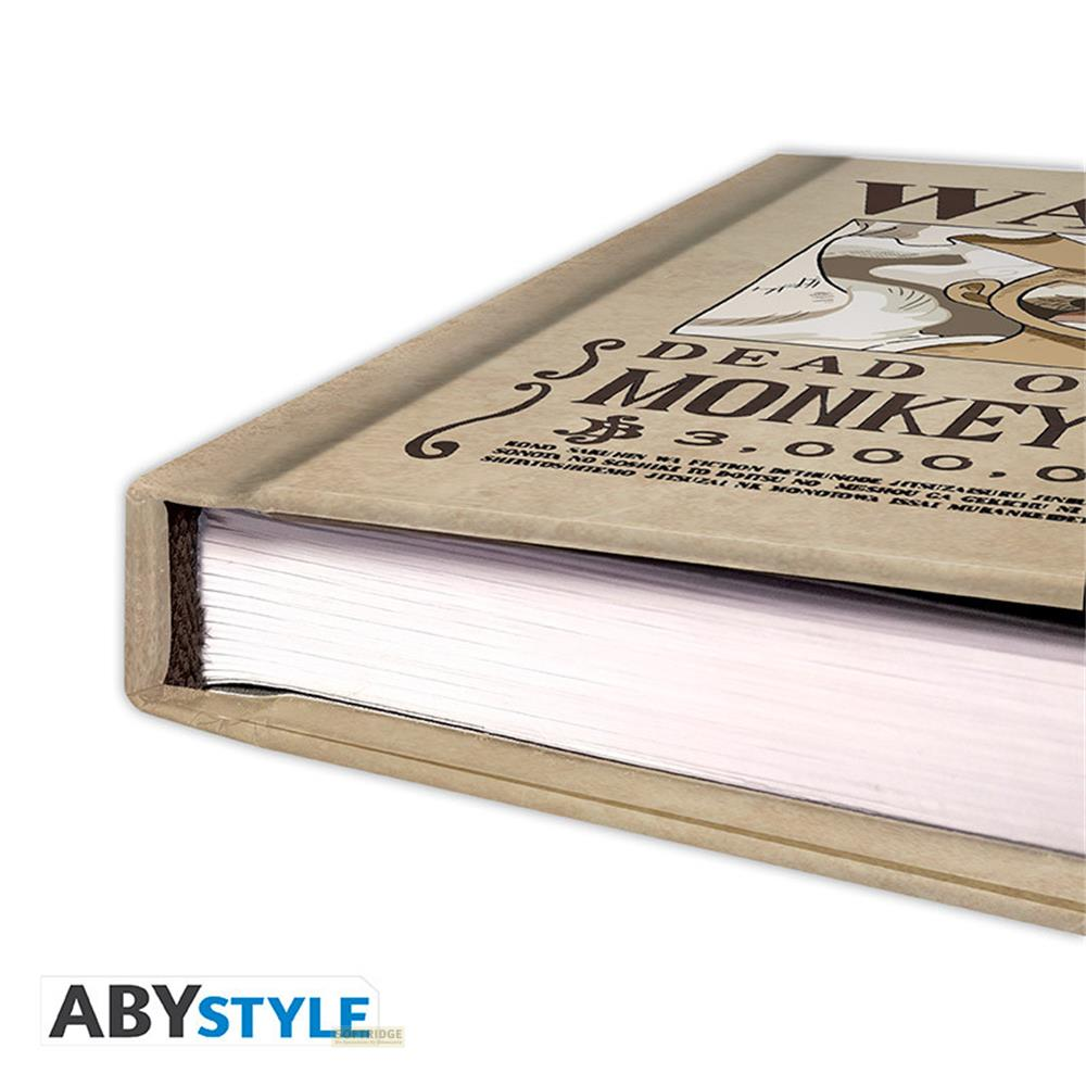 Ein Buch mit einem "Gesucht"-Poster für Monkey D. Luffy, 3.000.000.
