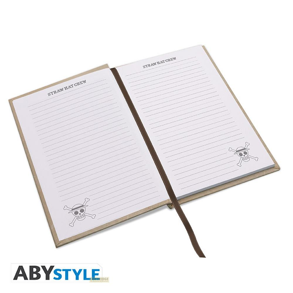 Ein offenes Notizbuch mit linierten Seiten und Jolly Roger-Symbolen.