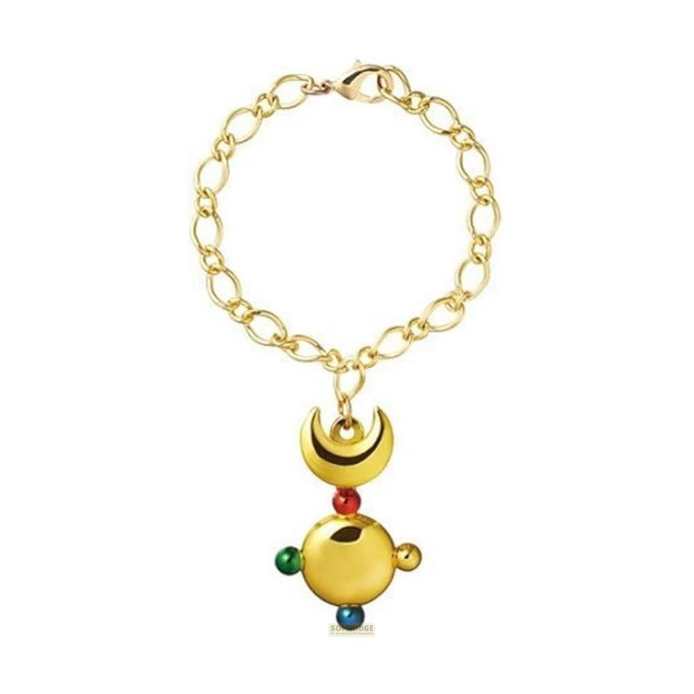 Goldene Halskette mit Mond- und Kugeltalisman, roten, grünen und blauen Perlen.