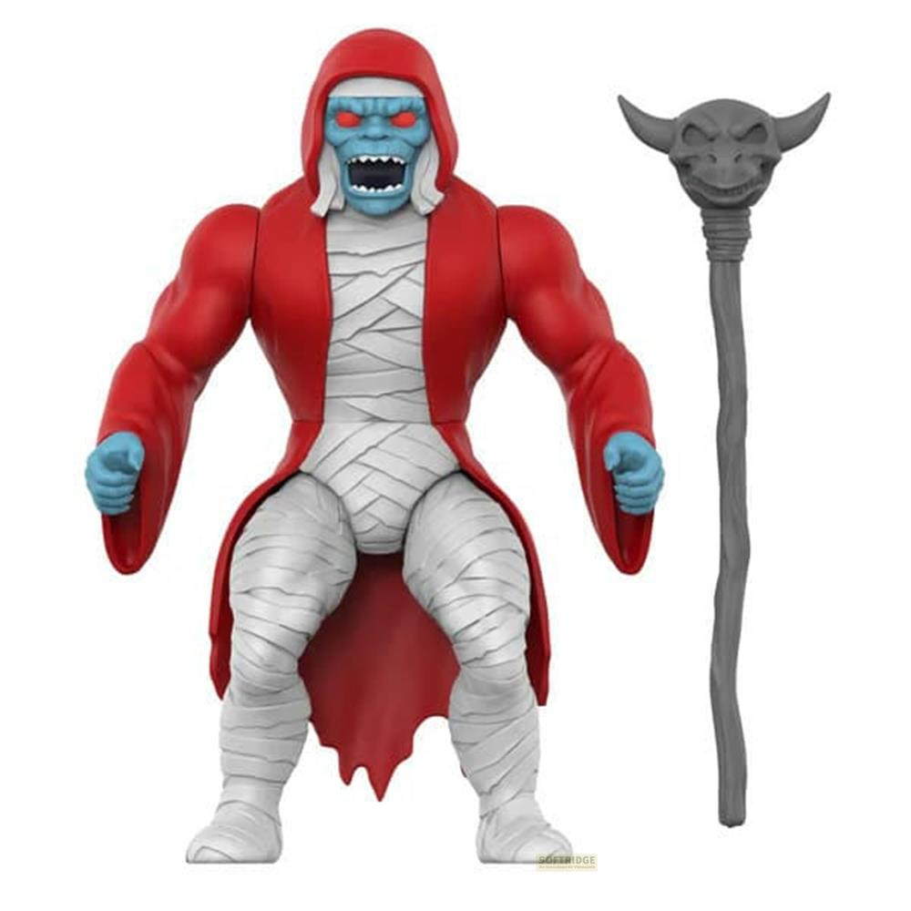 Un action figure con veste rossa, bende da mummia e bastone teschio.
