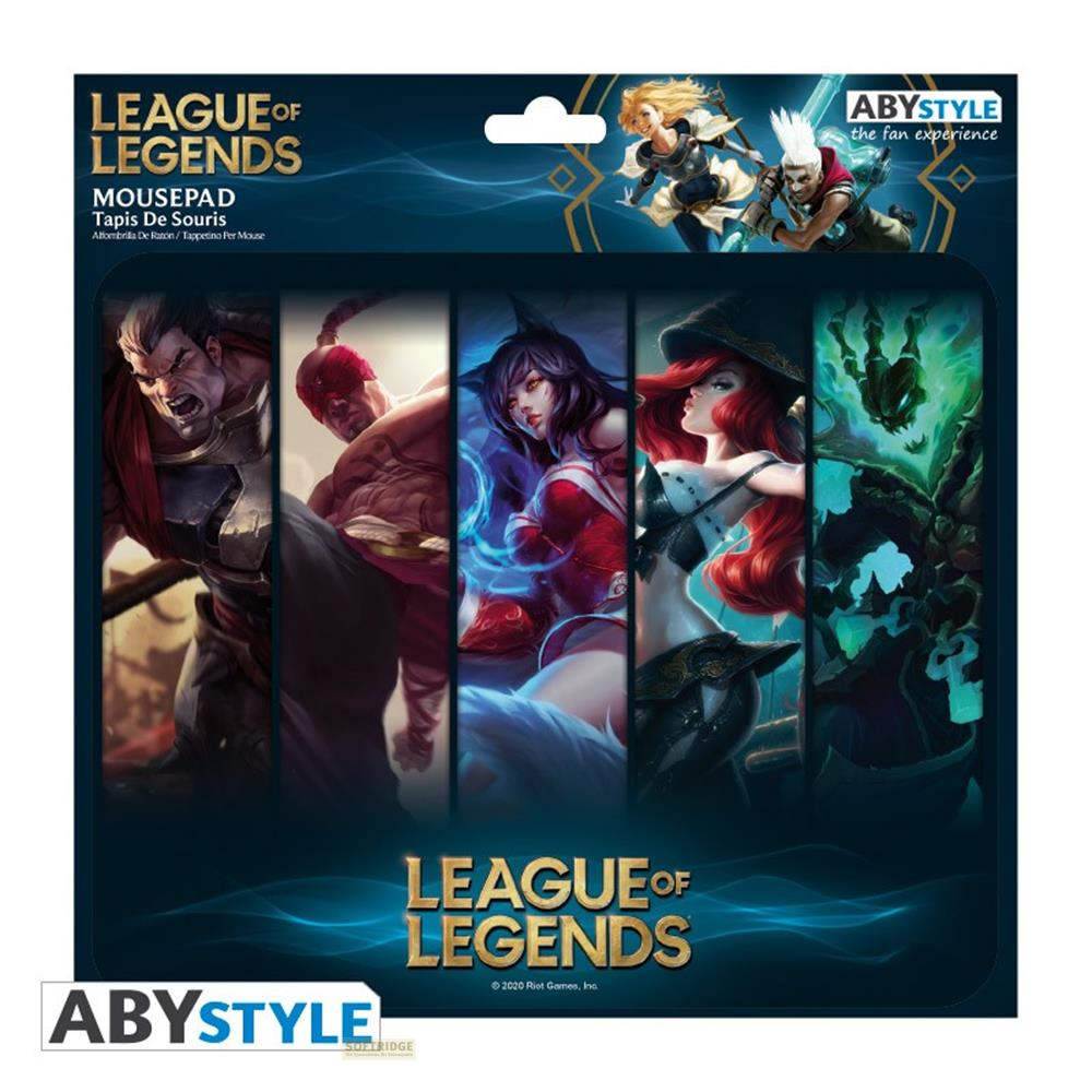 League of Legends Mauspad mit Charakterabbildungen und Logo.