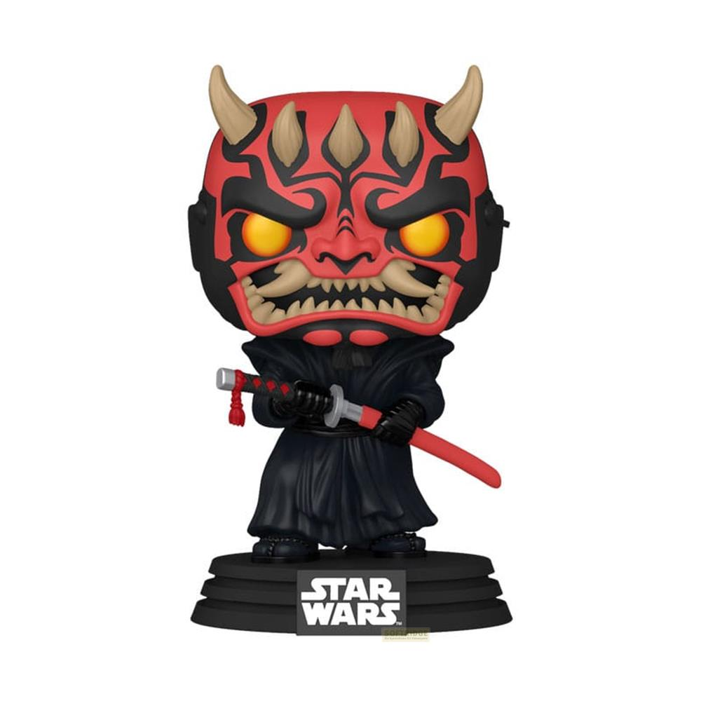 Darth Maul Funko Pop Figur mit rotem Lichtschwert auf Ständer mit Star Wars Logo.