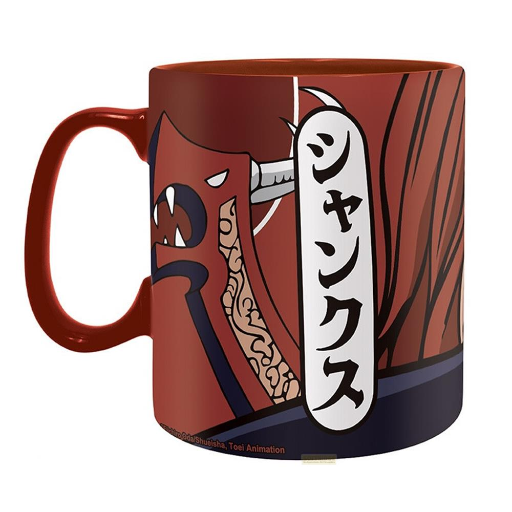 Eine rote Tasse mit einem Anime-Charakter und japanischen Schriftzeichen.