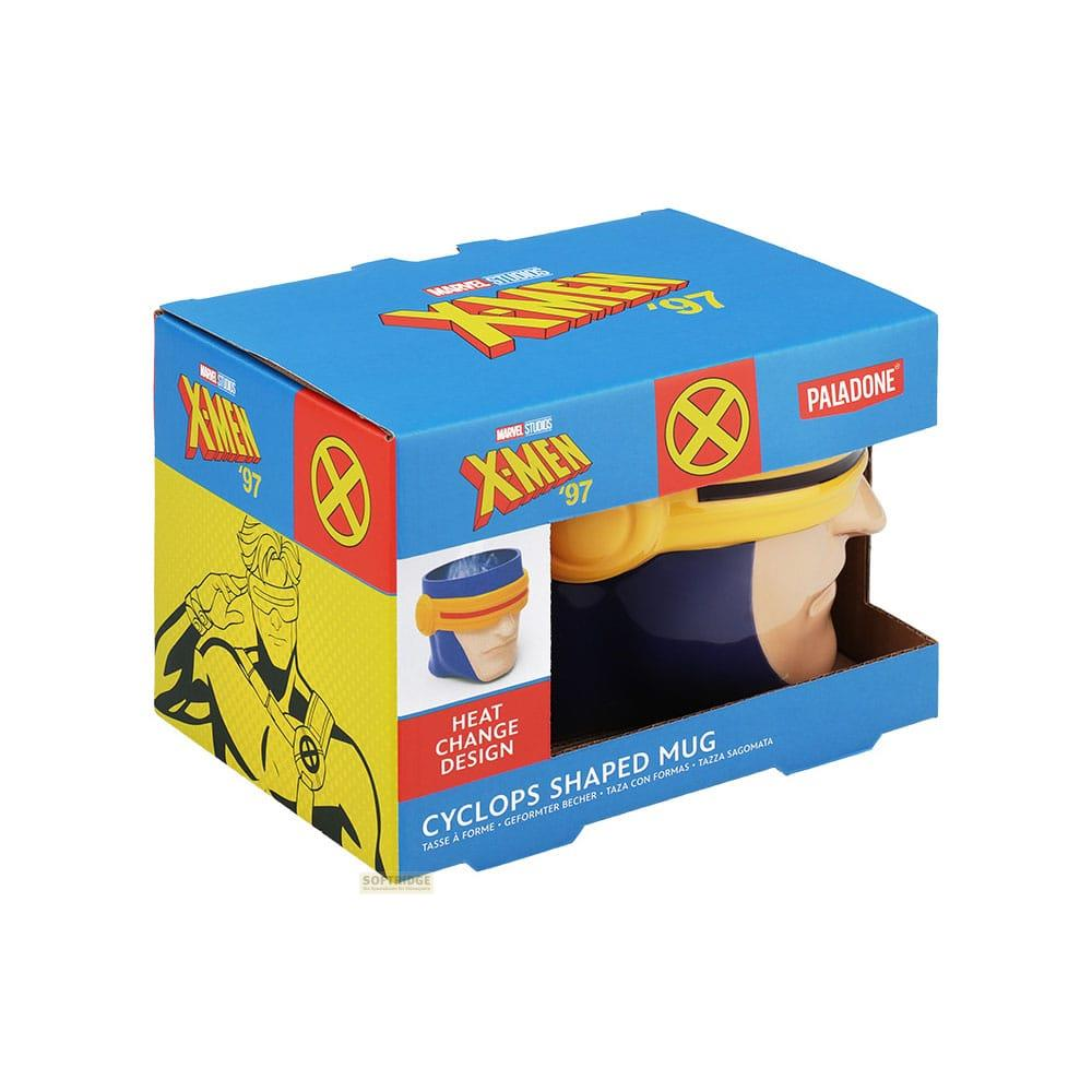 X-Men Cyclops Tasse in Schachtel mit Marvel-Logo und Charakter-Illustration.