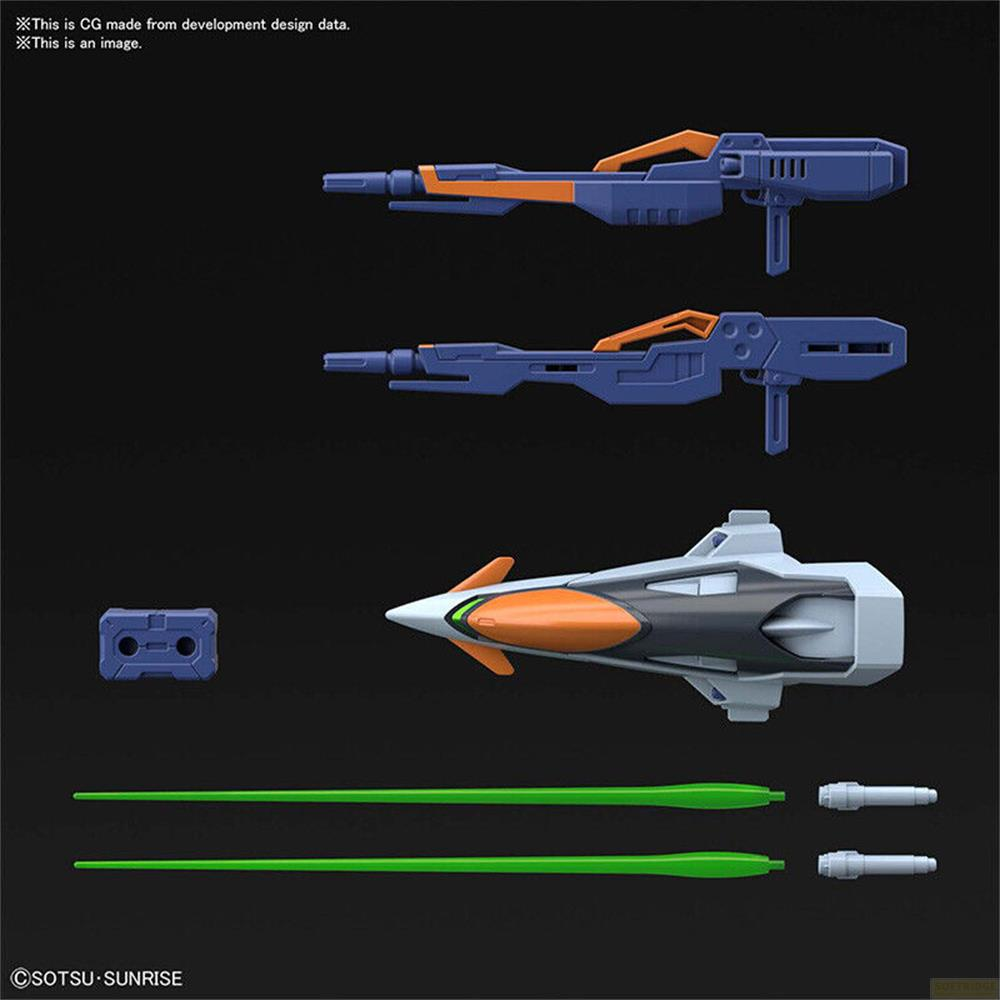 Fusil de robot bleu et orange, missile, tiges vertes et cylindres blancs.