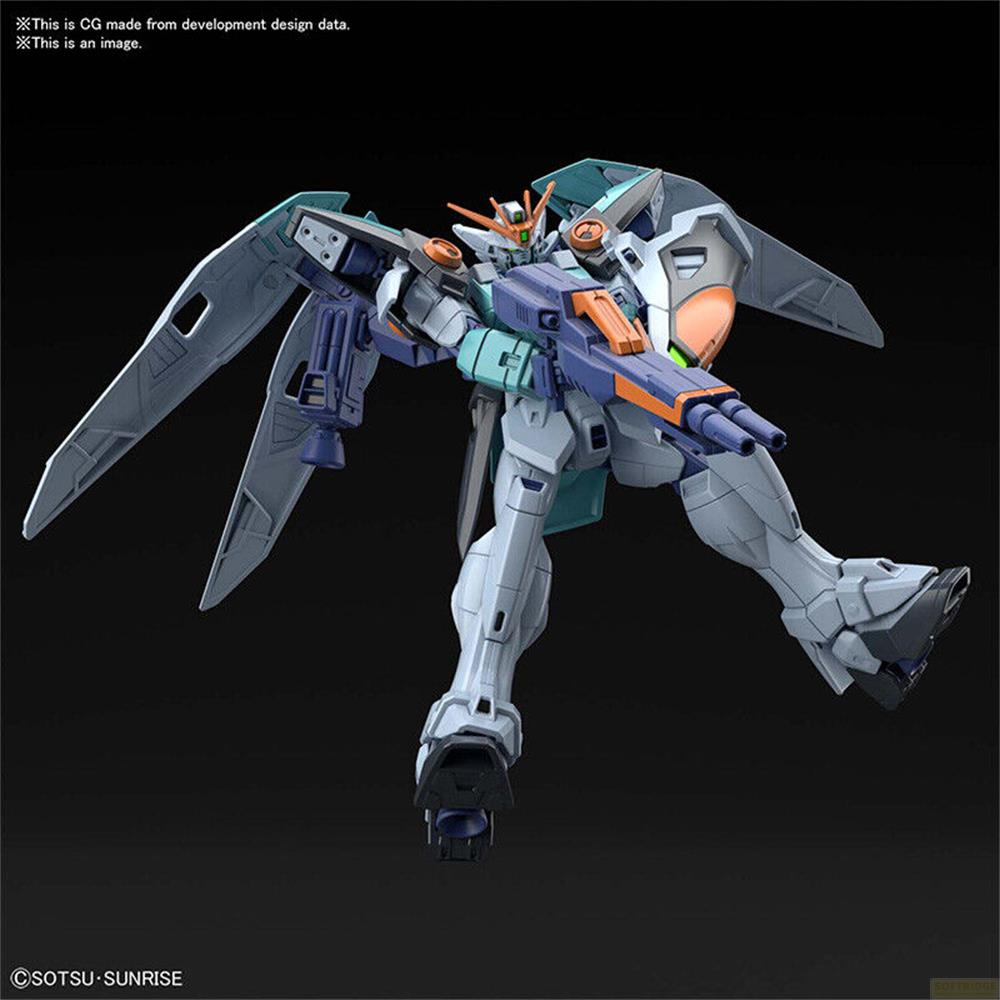 Un robot gris et bleu avec des ailes, tenant un pistolet, sur fond noir.
