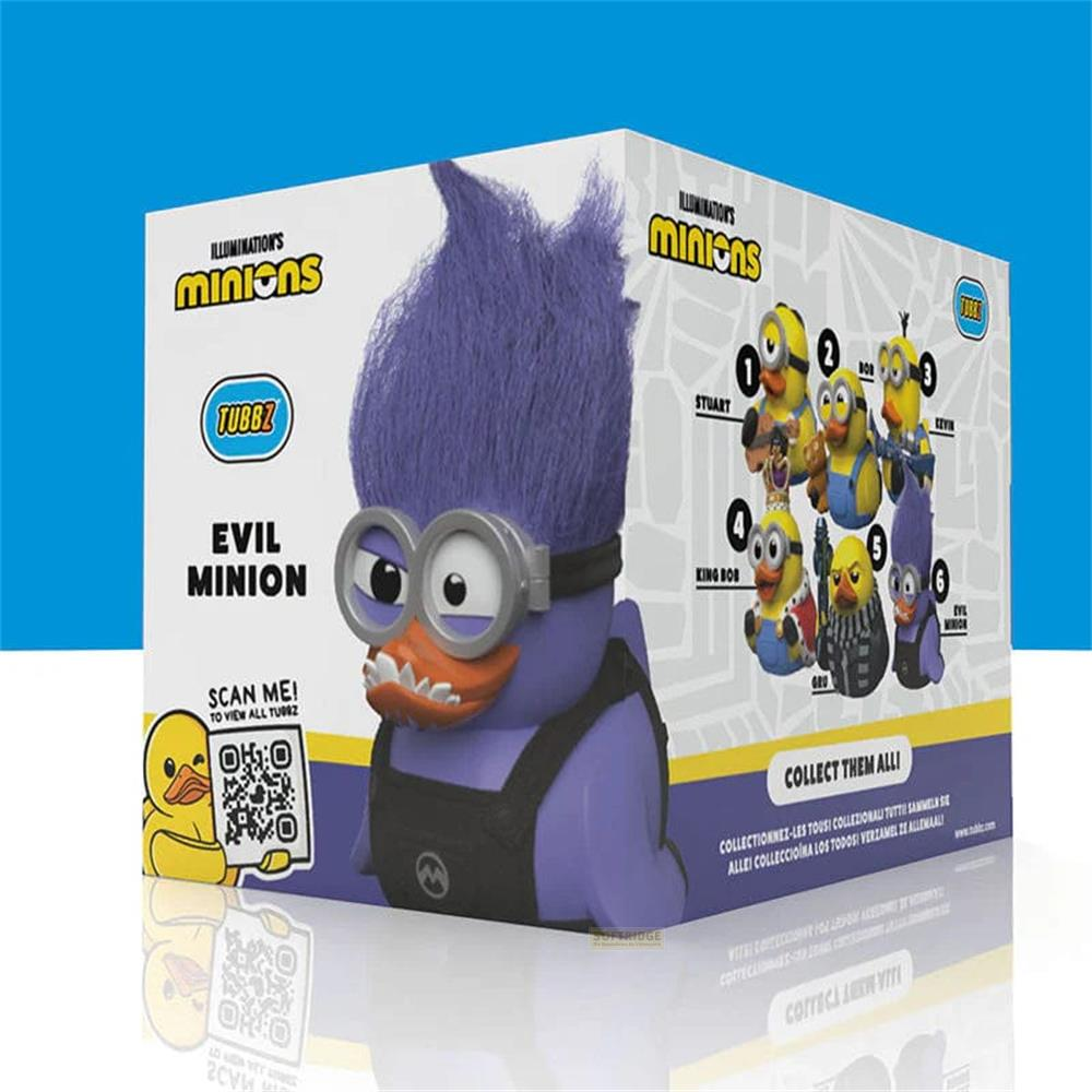 Lila Evil Minion Tubbz mit Brille und Latzhose auf Karton.