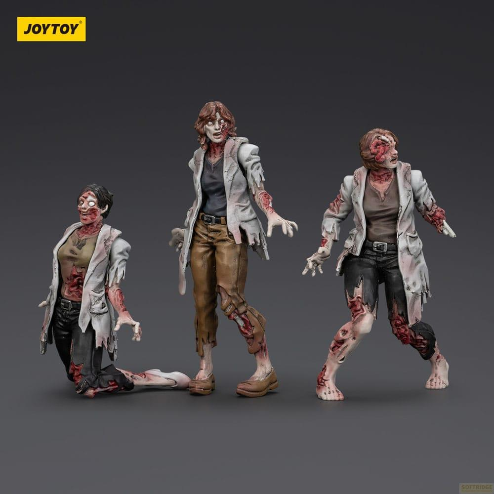 Tre figure di zombie in abiti stracciati su sfondo grigio.