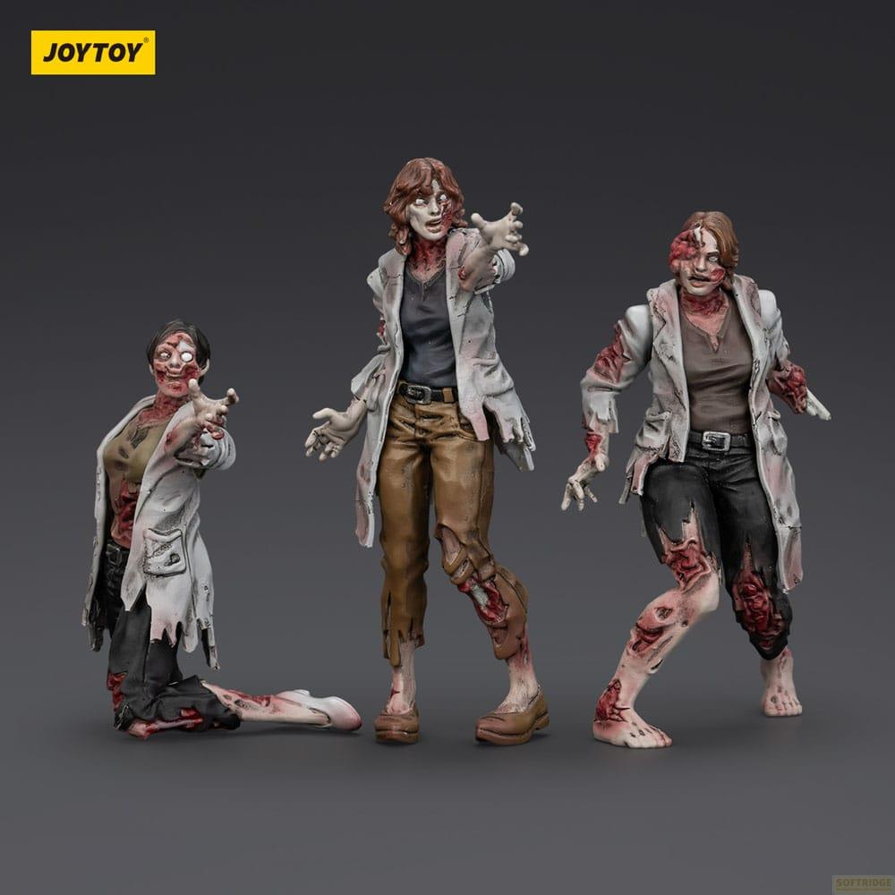 Tre figure di zombie con vestiti strappati e ferite su sfondo grigio.