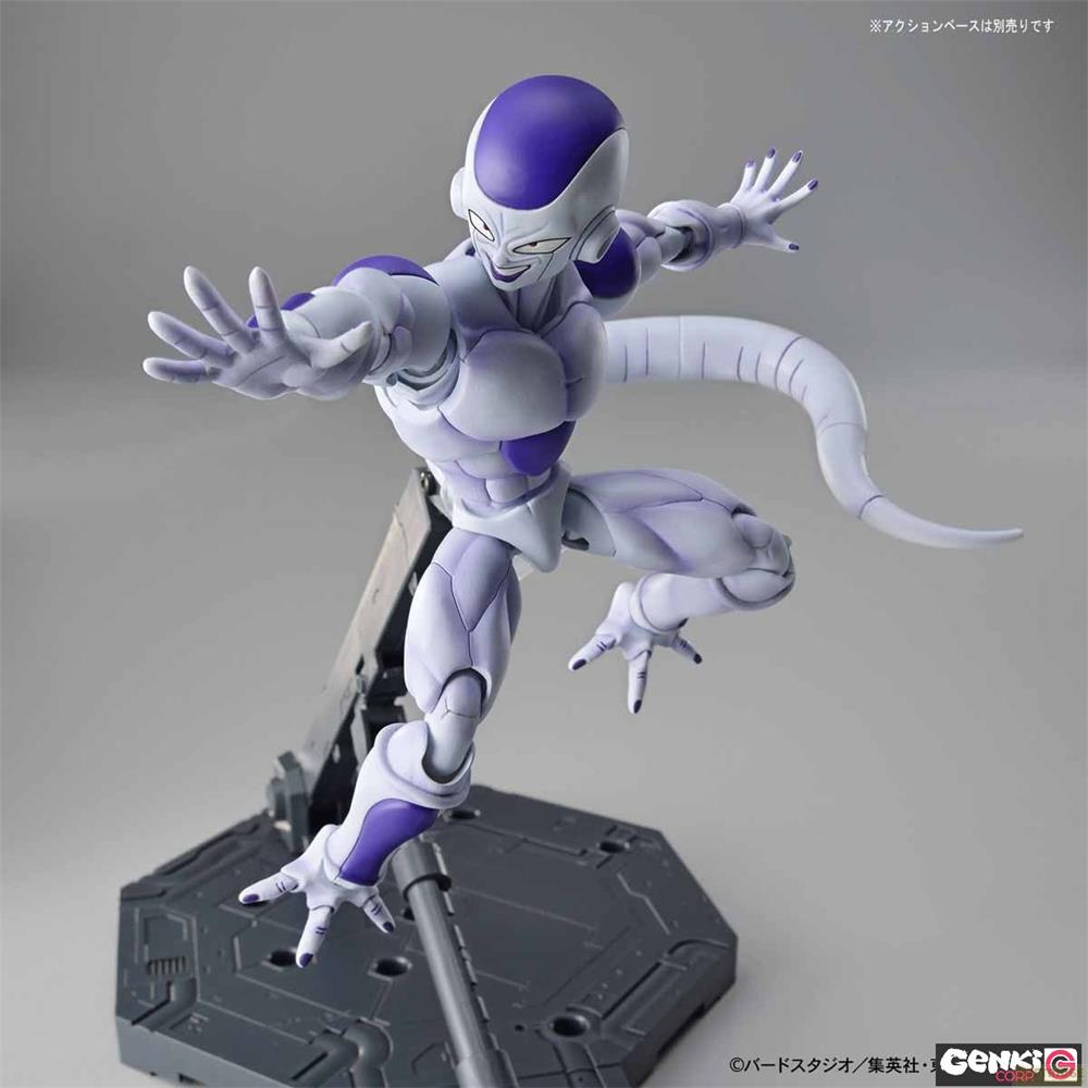 Une figurine violette et blanche avec une queue, posée penchée en avant sur une base grise.