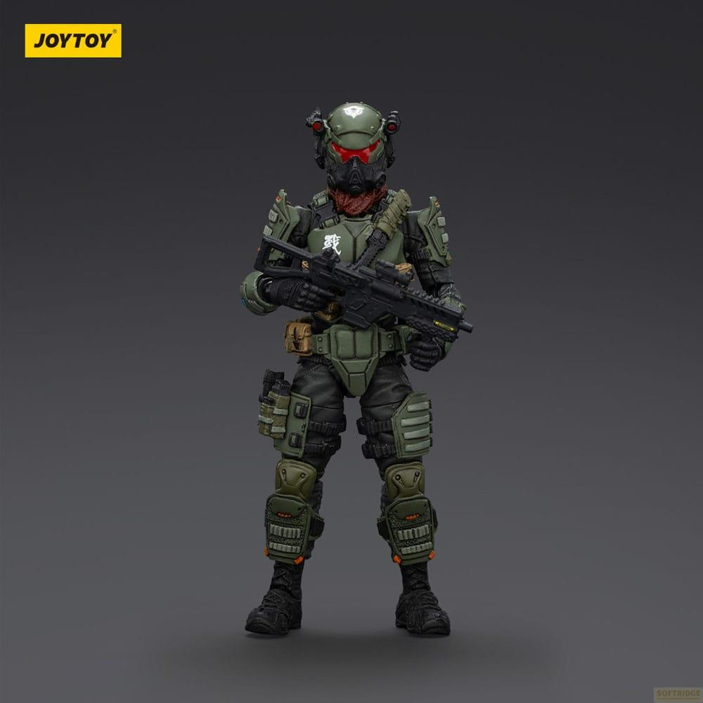 Figura di soldato verde con fucile e casco su sfondo grigio.
