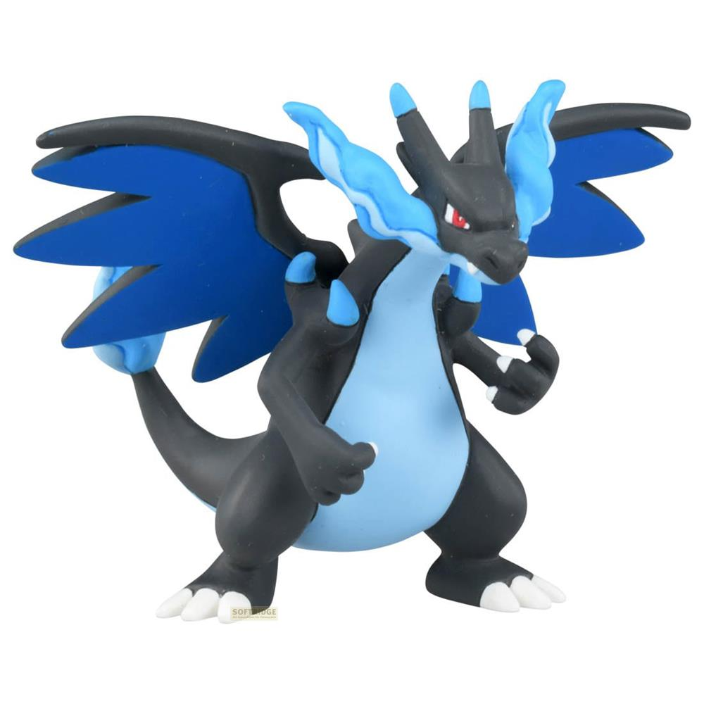 Eine schwarze und blaue Drachenfigur mit Flügeln, die auf weißem Hintergrund steht.
