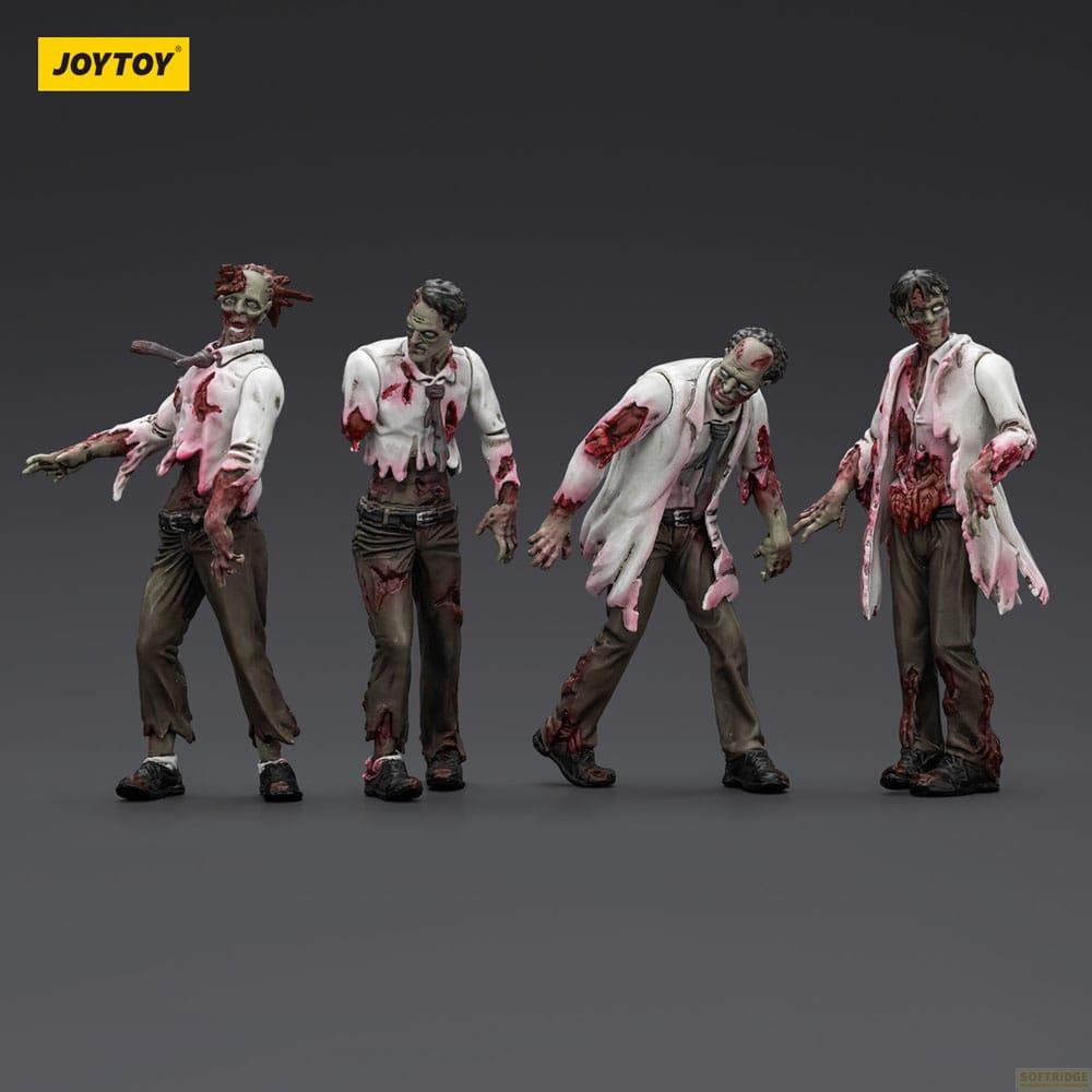 Quattro figure di zombie in abiti strappati con ferite sanguinanti.