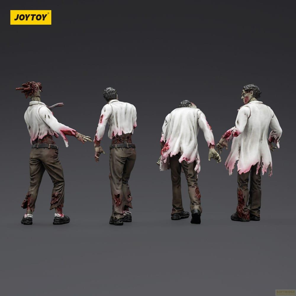 Quattro zombie in decomposizione con camicie bianche e pantaloni marroni.