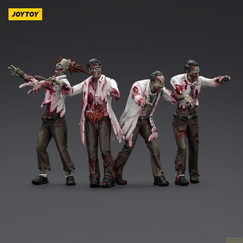 Quattro zombie stracciati in camici e pantaloni su sfondo grigio.