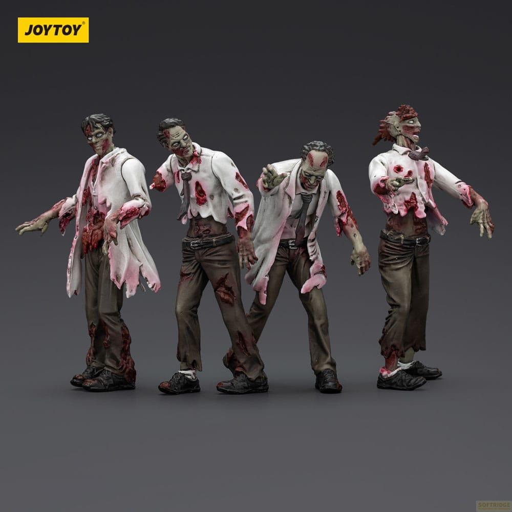 Quattro sinistre figure di zombie in camicie bianche strappate e pantaloni marroni.