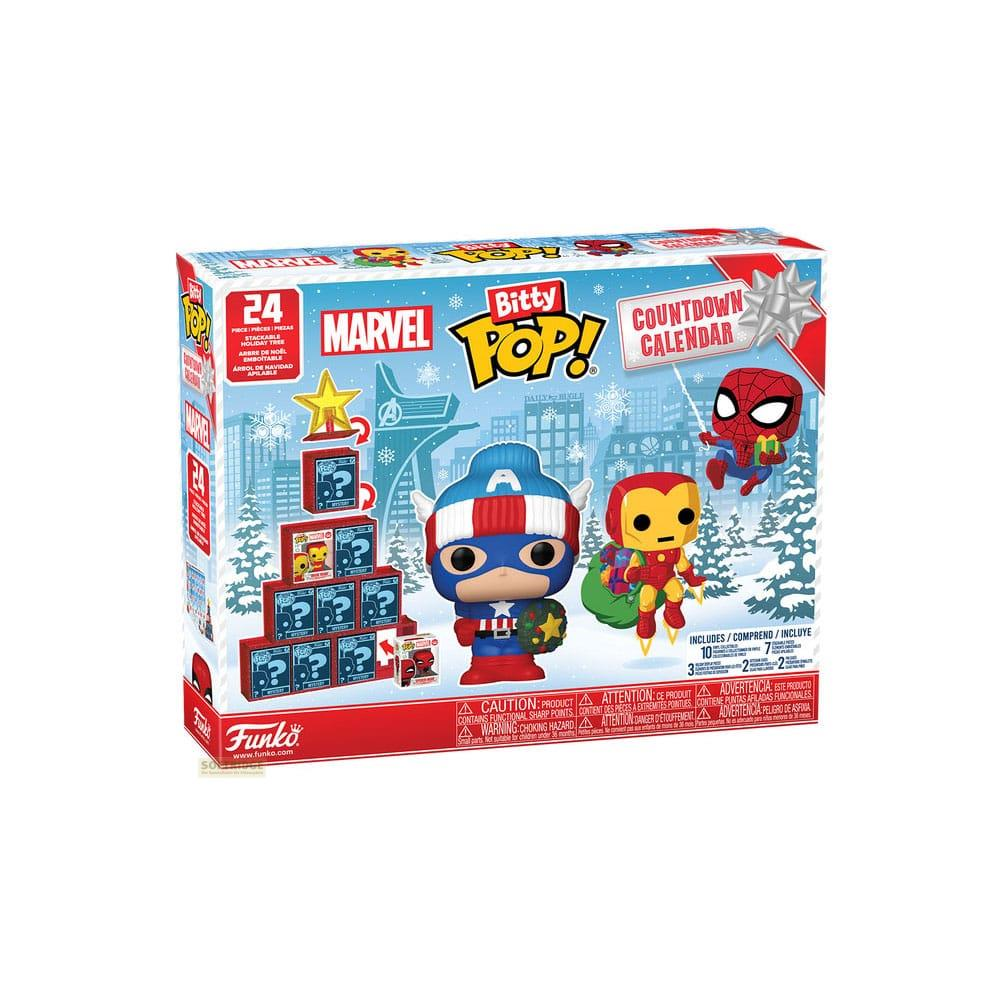 Calendario dell'Avvento Marvel Bitty Pop! con figure di Captain America, Iron Man e Spider-Man.