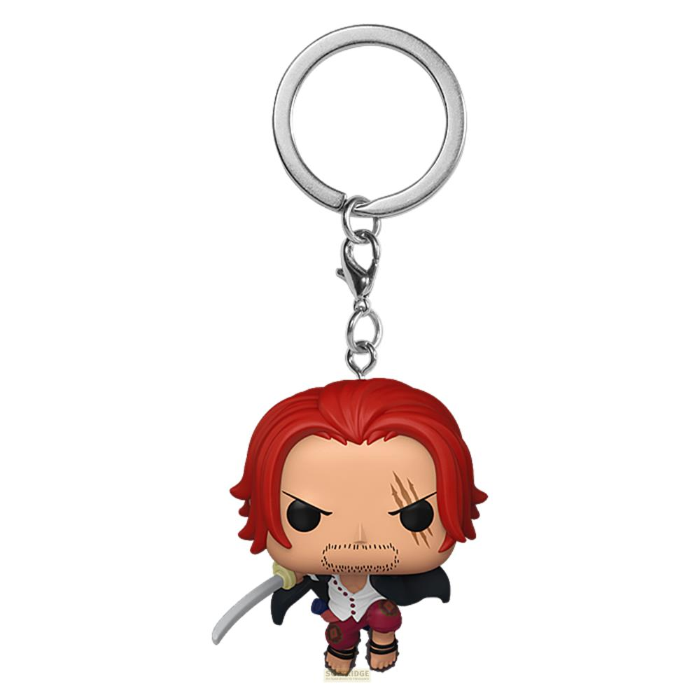 Ein Funko Pop Schlüsselanhänger von Shanks mit rotem Haar und Narben.