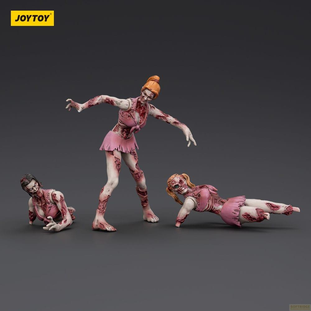 Tre figure di zombie in abiti rosa su sfondo grigio.